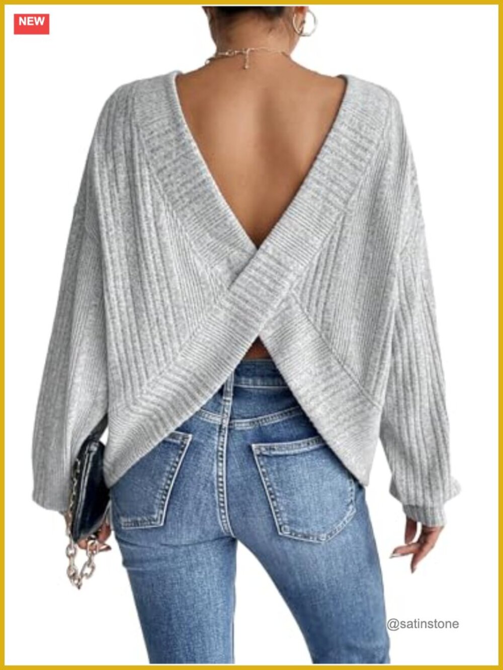 Criss Cross Round Neck Pullover Sweater Long Sleeve Cut Out Back Knit Top